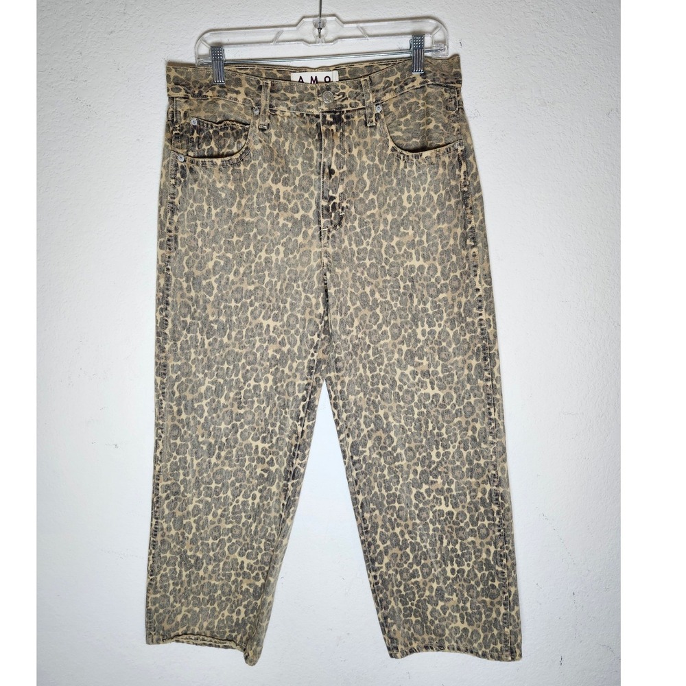 AMO Billie Jeans Womens 29 Tan Leopard Print High Rise Straight Leg Pants